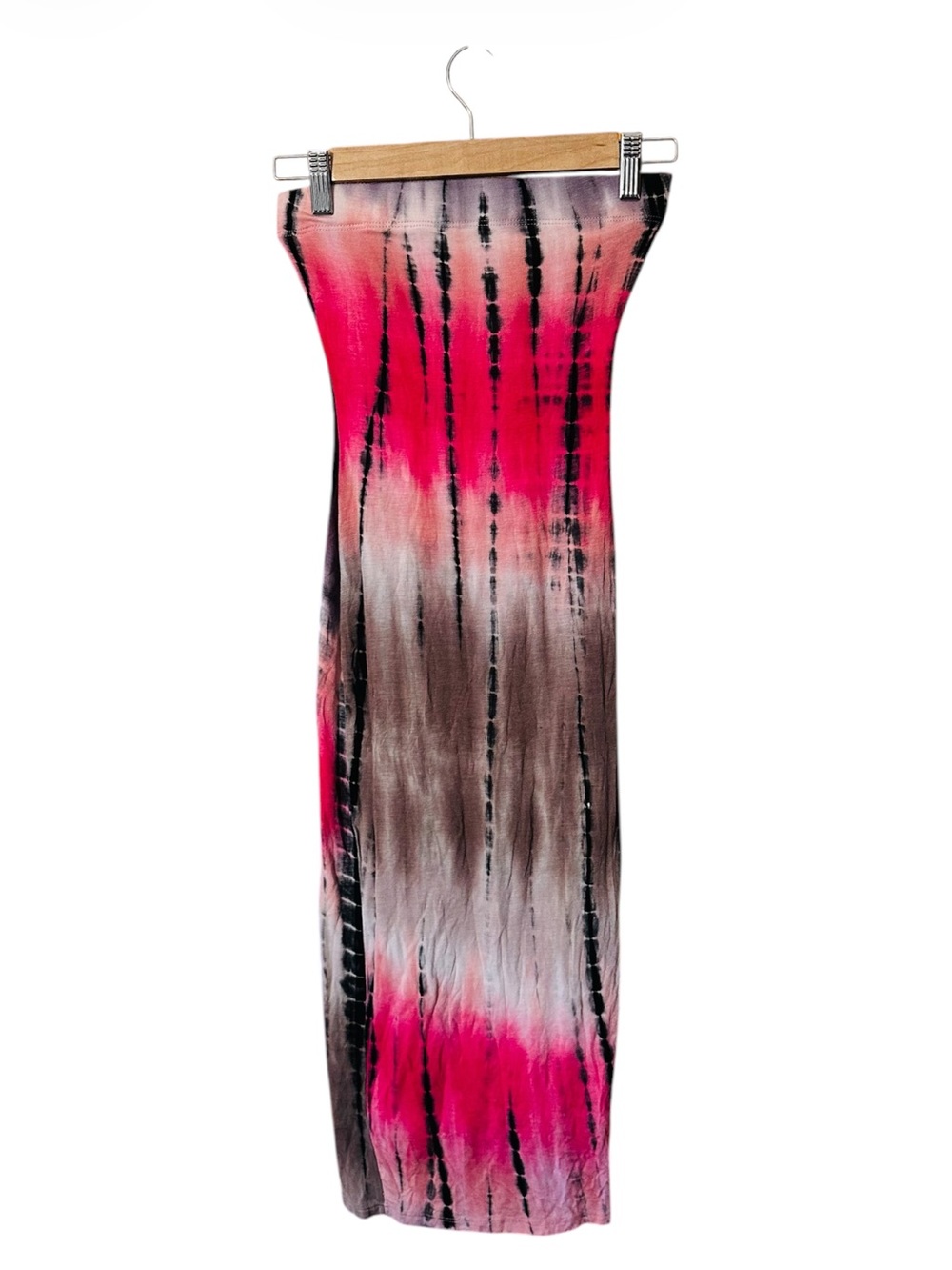 Black Bead Strapless Tie-Dye Maxi Dress in Hot Pink, Brown & Black